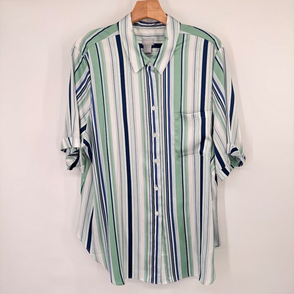 Chicos 4 Women Striped Collared Button-Up Shirt Size 2x plus short sleeve satin - Picture 10 of 15
